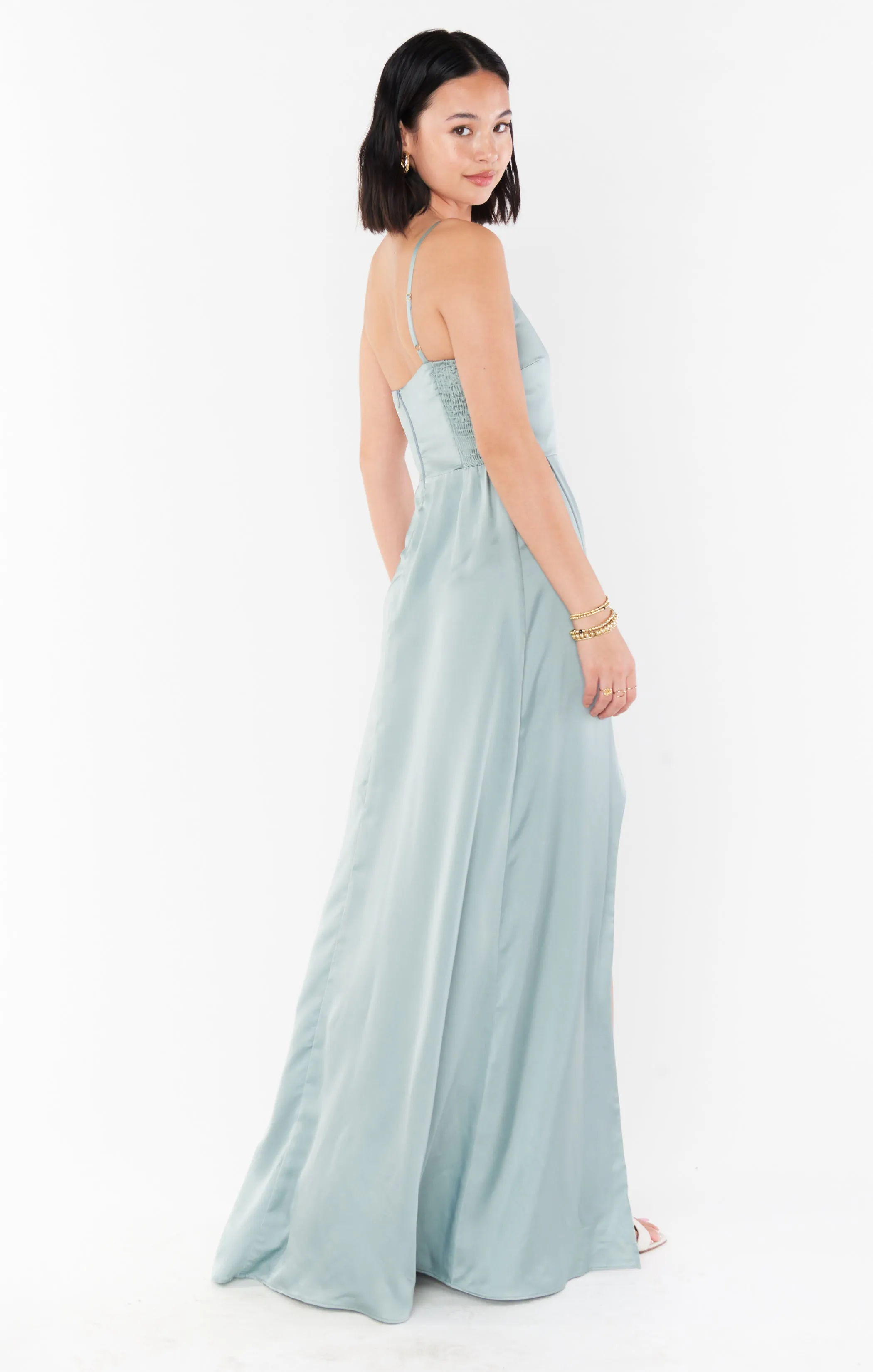 Shannon One Shoulder Dress ~ Silver Sage Luxe Satin