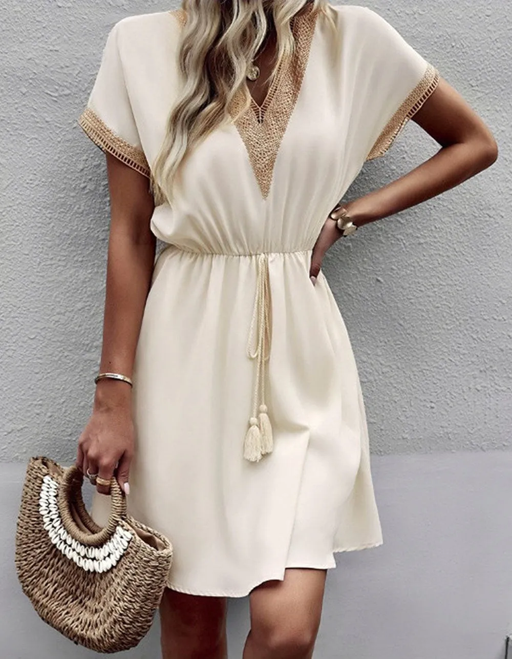 Solid-color V Neck Stitching Short Sleeve Midi A-Line Dresses