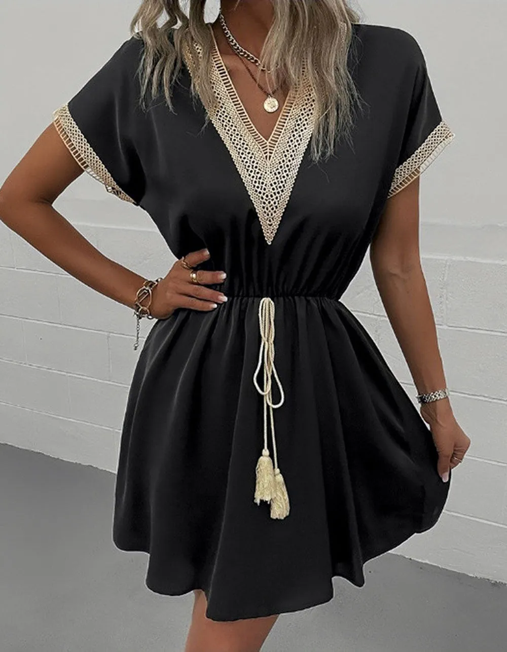 Solid-color V Neck Stitching Short Sleeve Midi A-Line Dresses
