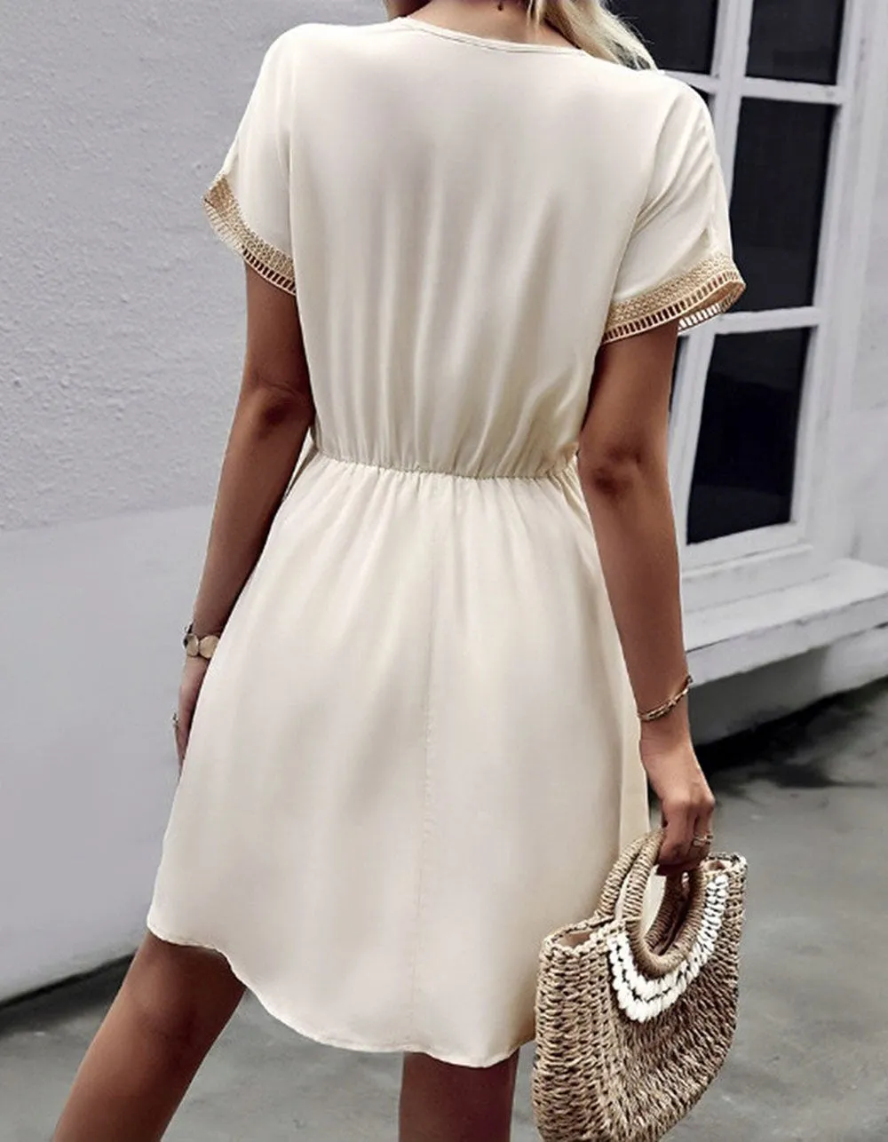 Solid-color V Neck Stitching Short Sleeve Midi A-Line Dresses