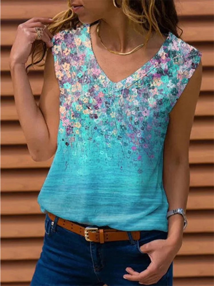Spring and summer new V-neck printed sleeveless vest