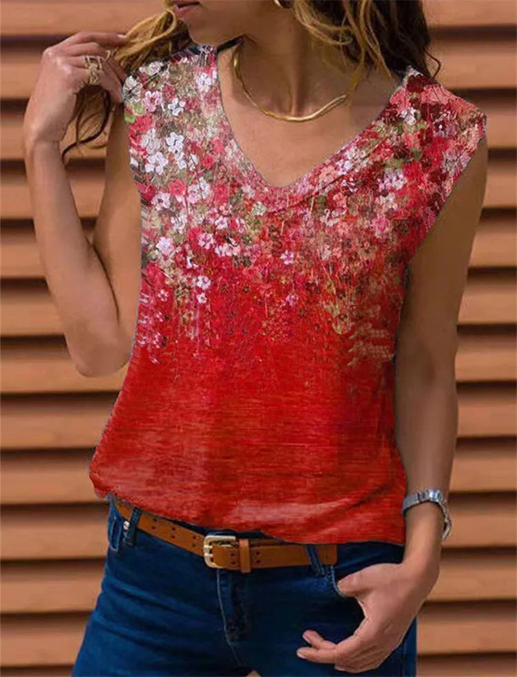 Spring and summer new V-neck printed sleeveless vest