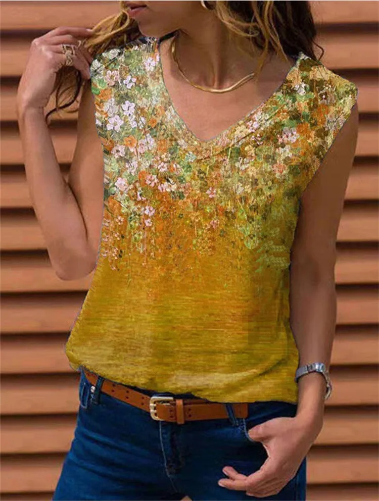 Spring and summer new V-neck printed sleeveless vest