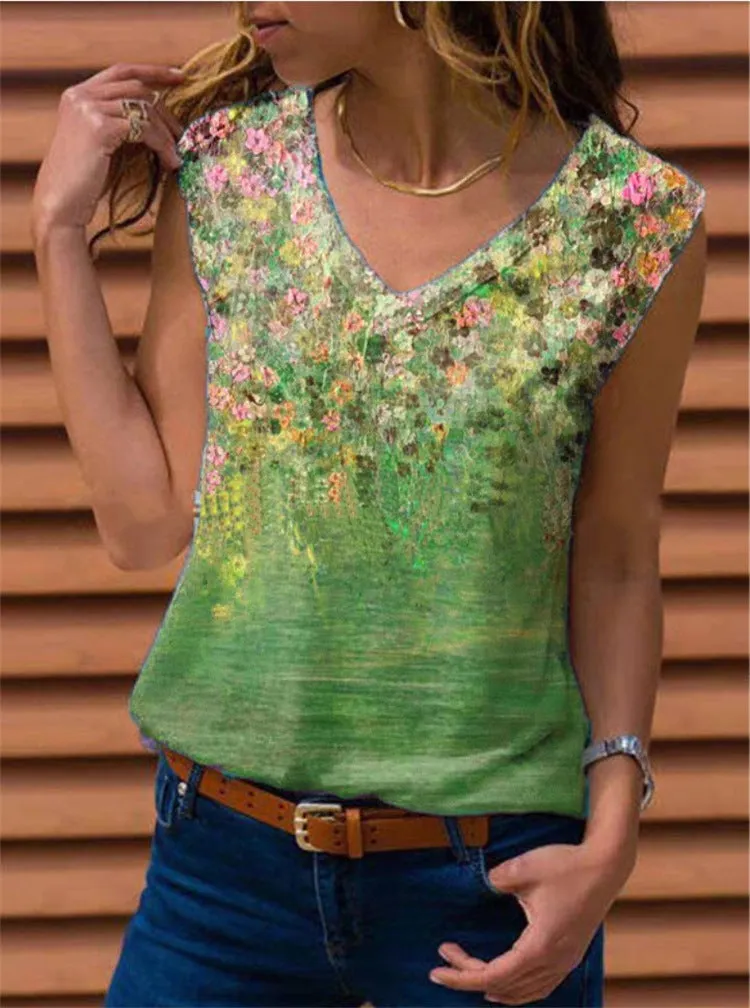 Spring and summer new V-neck printed sleeveless vest