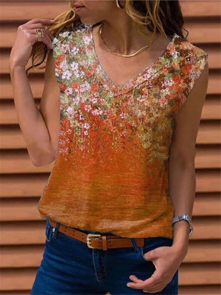 Spring and summer new V-neck printed sleeveless vest