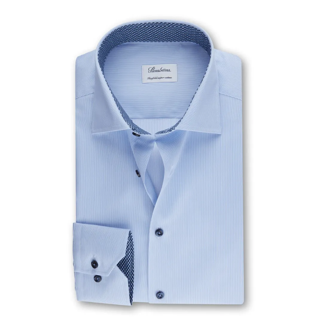 Stenstroms Light Blue Pinstriped Contrast Dress Shirt - Fitted Body