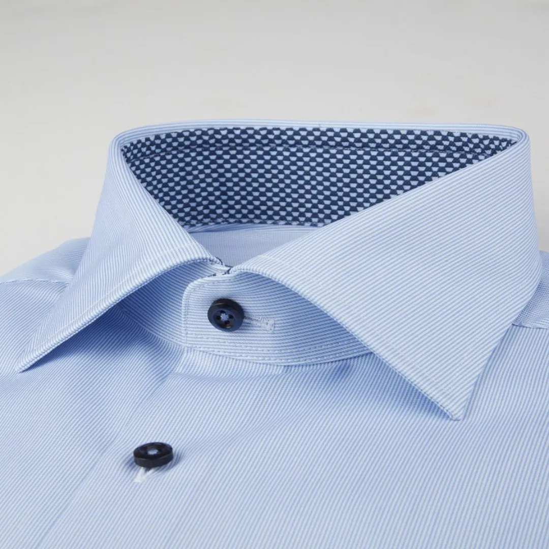 Stenstroms Light Blue Pinstriped Contrast Dress Shirt - Fitted Body