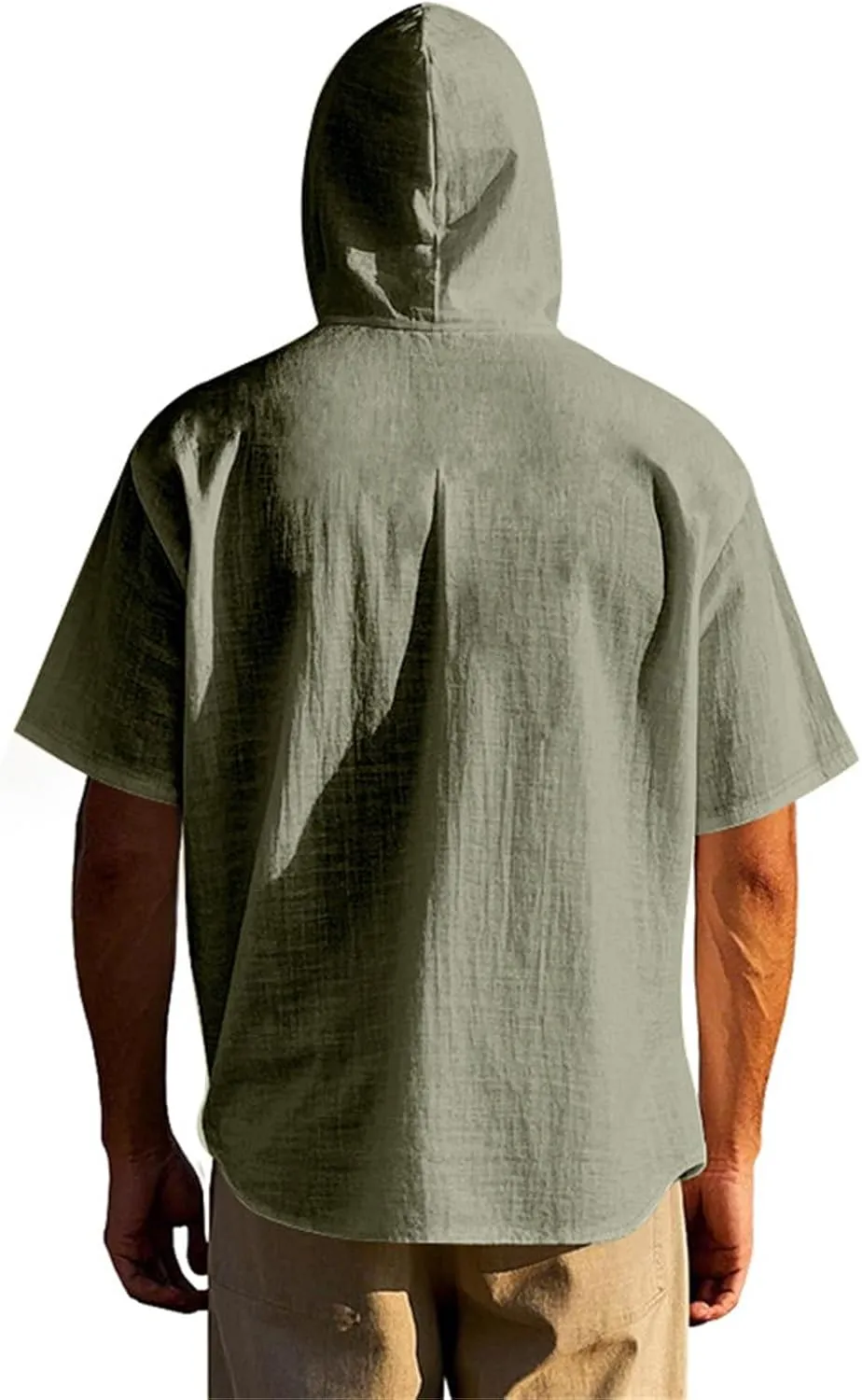 Summer Linen Shirts for Men Trendy Short Sleeve Button Hooded Cardigan Thin Breathable Leisure Solid Beach Hoodies Top
