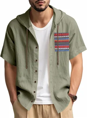Summer Linen Shirts for Men Trendy Short Sleeve Button Hooded Cardigan Thin Breathable Leisure Solid Beach Hoodies Top