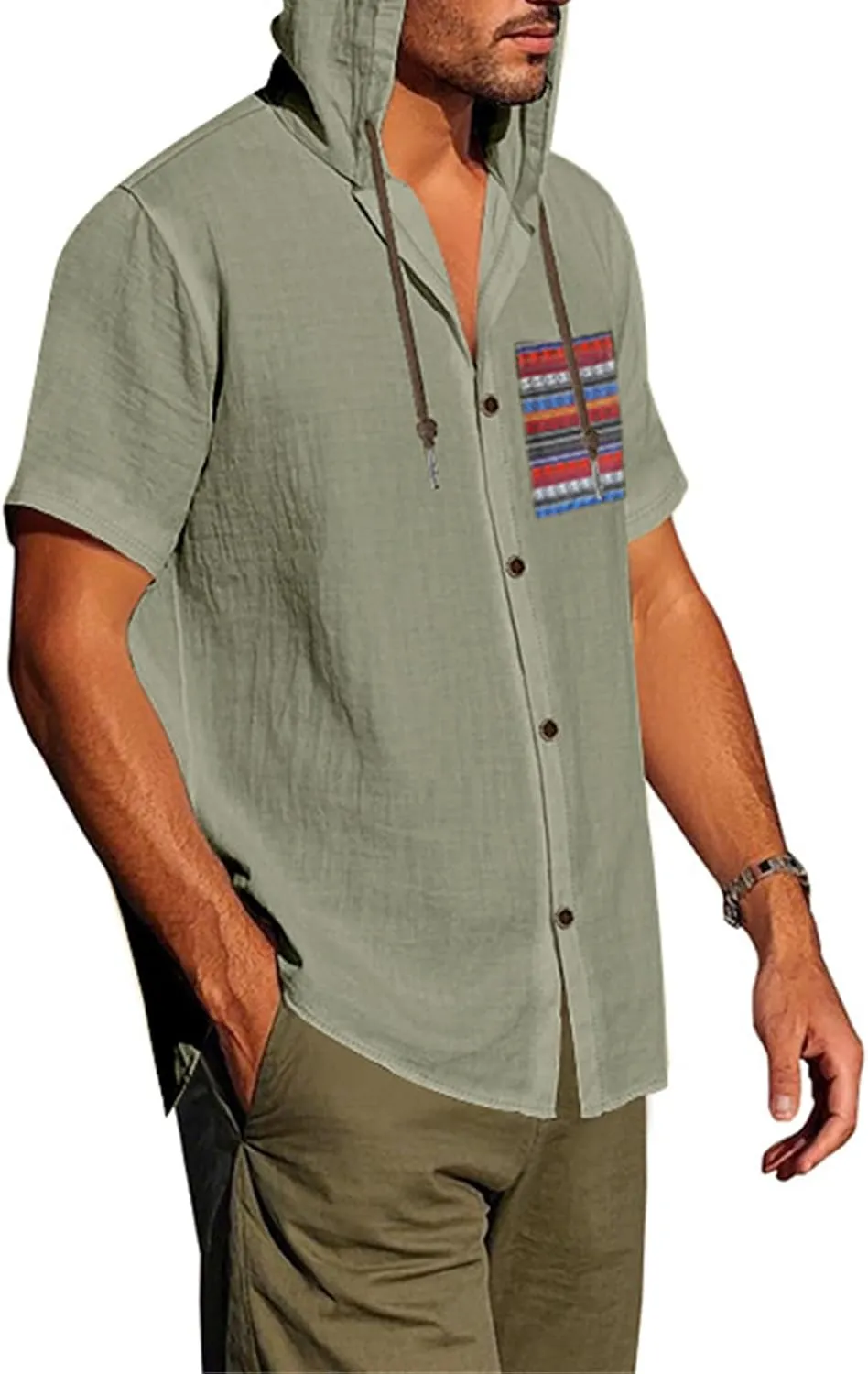 Summer Linen Shirts for Men Trendy Short Sleeve Button Hooded Cardigan Thin Breathable Leisure Solid Beach Hoodies Top