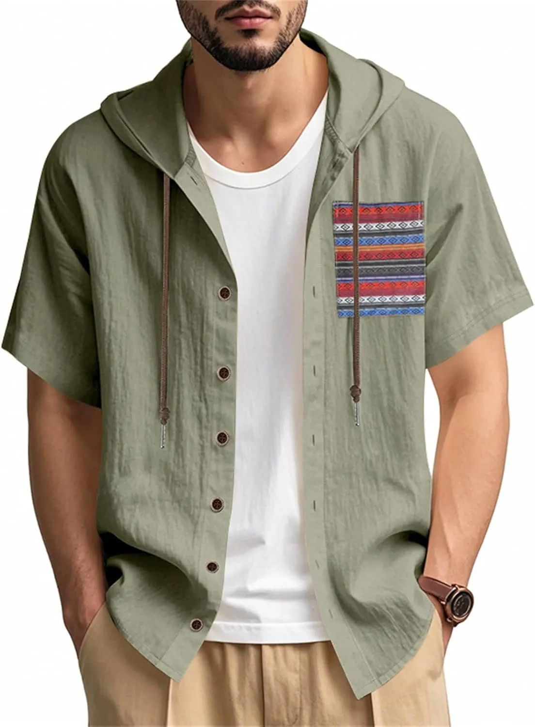 Summer Linen Shirts for Men Trendy Short Sleeve Button Hooded Cardigan Thin Breathable Leisure Solid Beach Hoodies Top