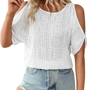 Summer Shirts for Women Off Shoulder Hollow Bat Sleeve Casual T Shirts Lightweight Breathable Street Tunic Tops 2025