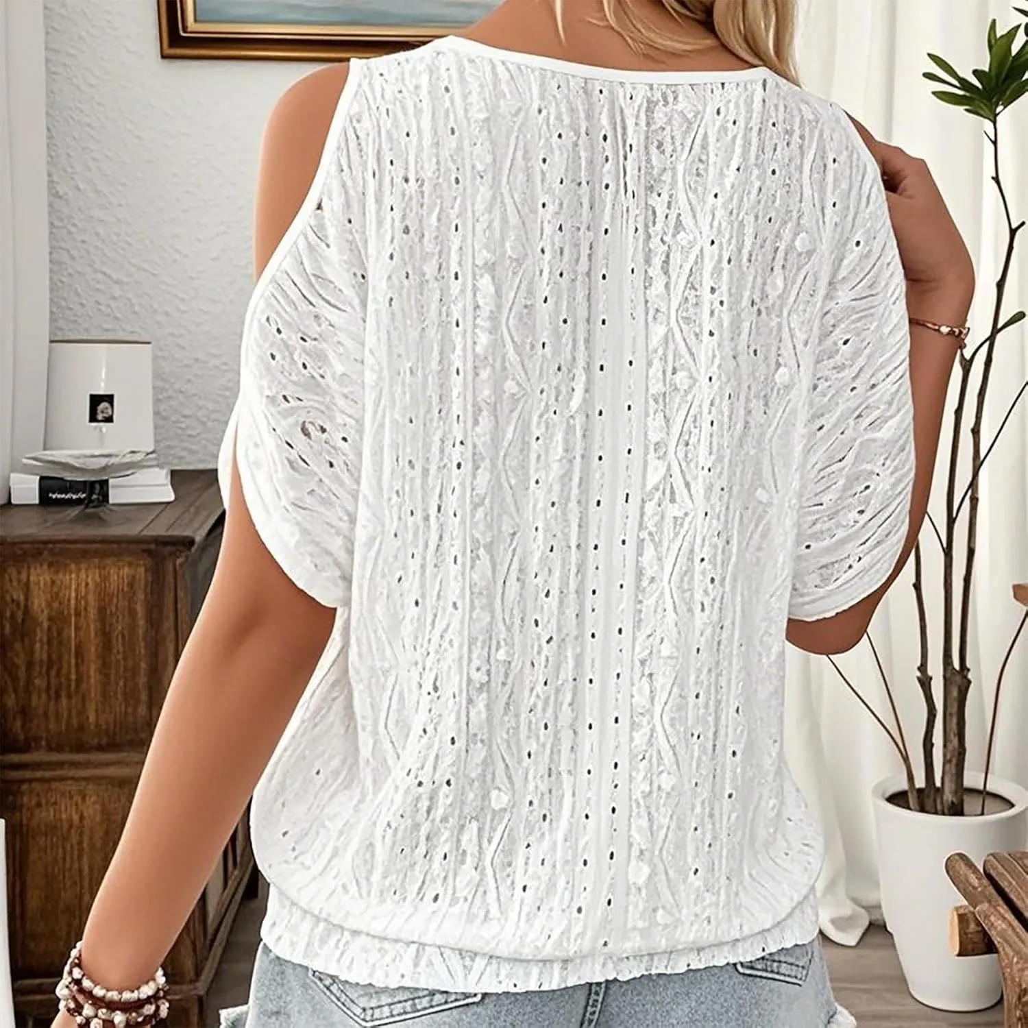 Summer Shirts for Women Off Shoulder Hollow Bat Sleeve Casual T Shirts Lightweight Breathable Street Tunic Tops 2025