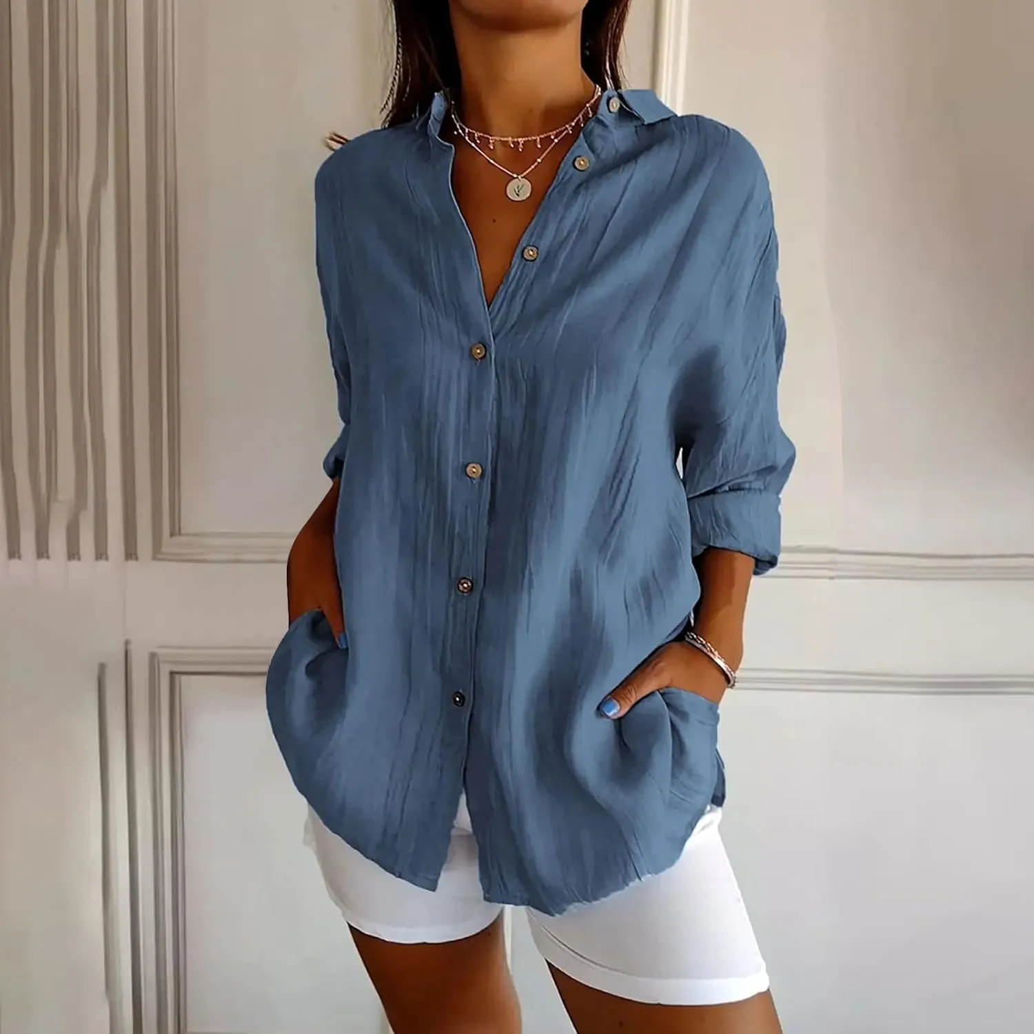 Summer Tops for Women 2025 Trendy 3/4 Length Sleeve Shirts Loose Fit Dressy Casual Blouses Lapel Button Down Shirts