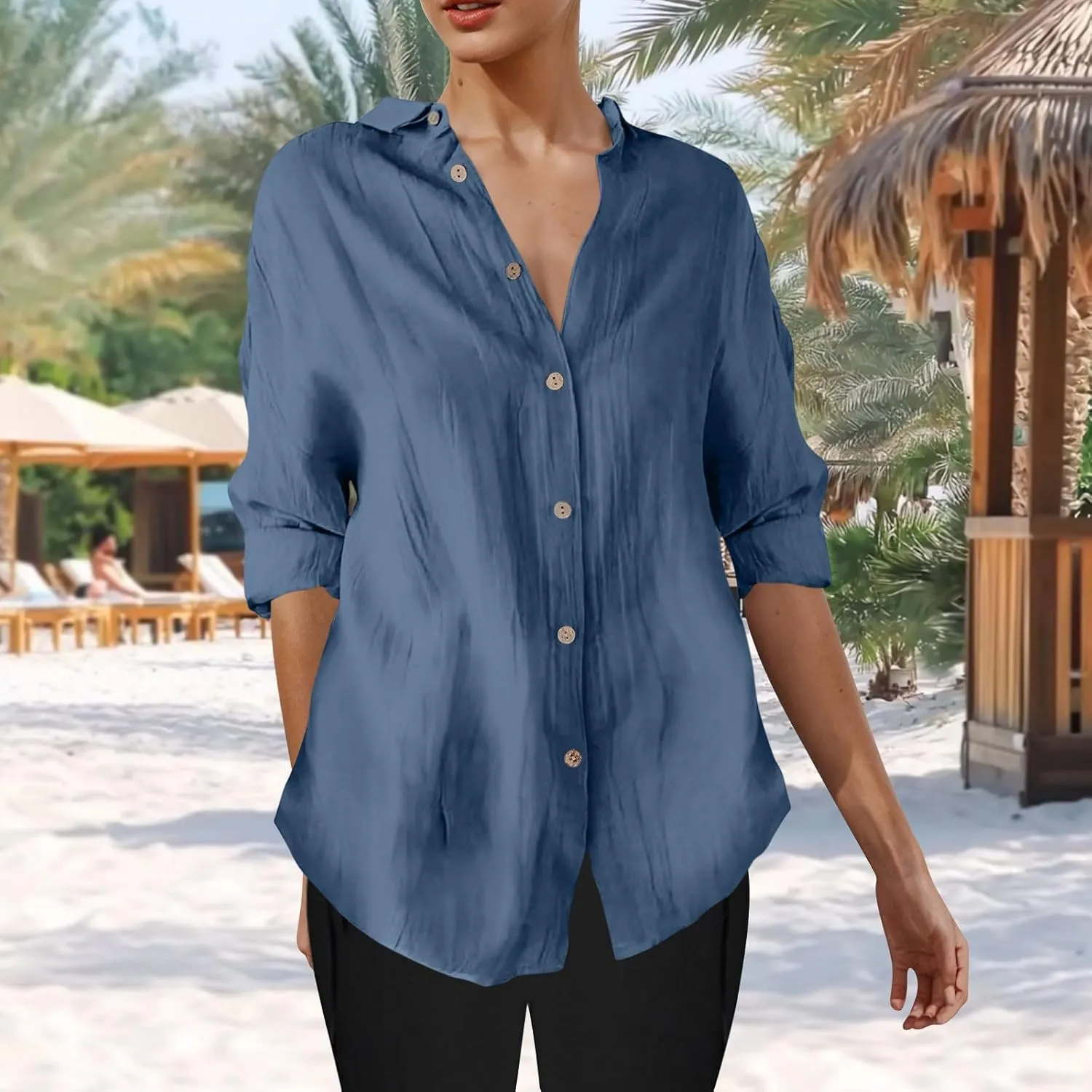 Summer Tops for Women 2025 Trendy 3/4 Length Sleeve Shirts Loose Fit Dressy Casual Blouses Lapel Button Down Shirts
