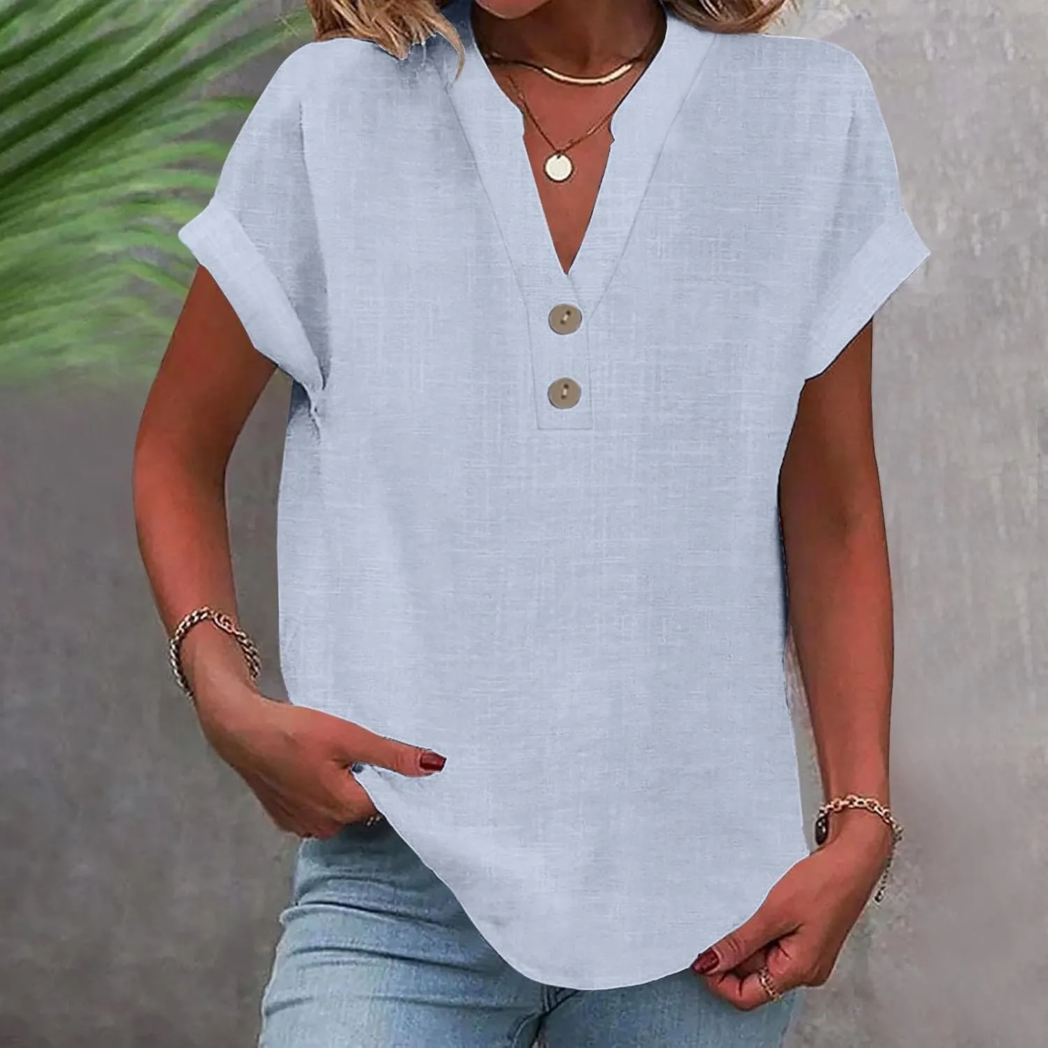 Summer Tops for Women 2025 Trendy Short Sleeve Cotton Linen Tops Button up Henley V Neck Shirts Vacation Beach Clothes