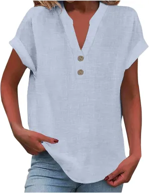 Summer Tops for Women 2025 Trendy Short Sleeve Cotton Linen Tops Button up Henley V Neck Shirts Vacation Beach Clothes
