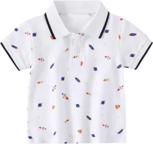 Toddler Short Sleeve Cotton Polo Shirt Cartoon Print Shirt for Baby Boys Loose Fit Collared Tops Summer Casual Clothes