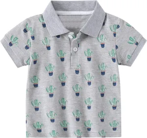 Toddler Short Sleeve Cotton Polo Shirt Cartoon Print Shirt for Baby Boys Loose Fit Collared Tops Summer Casual Clothes