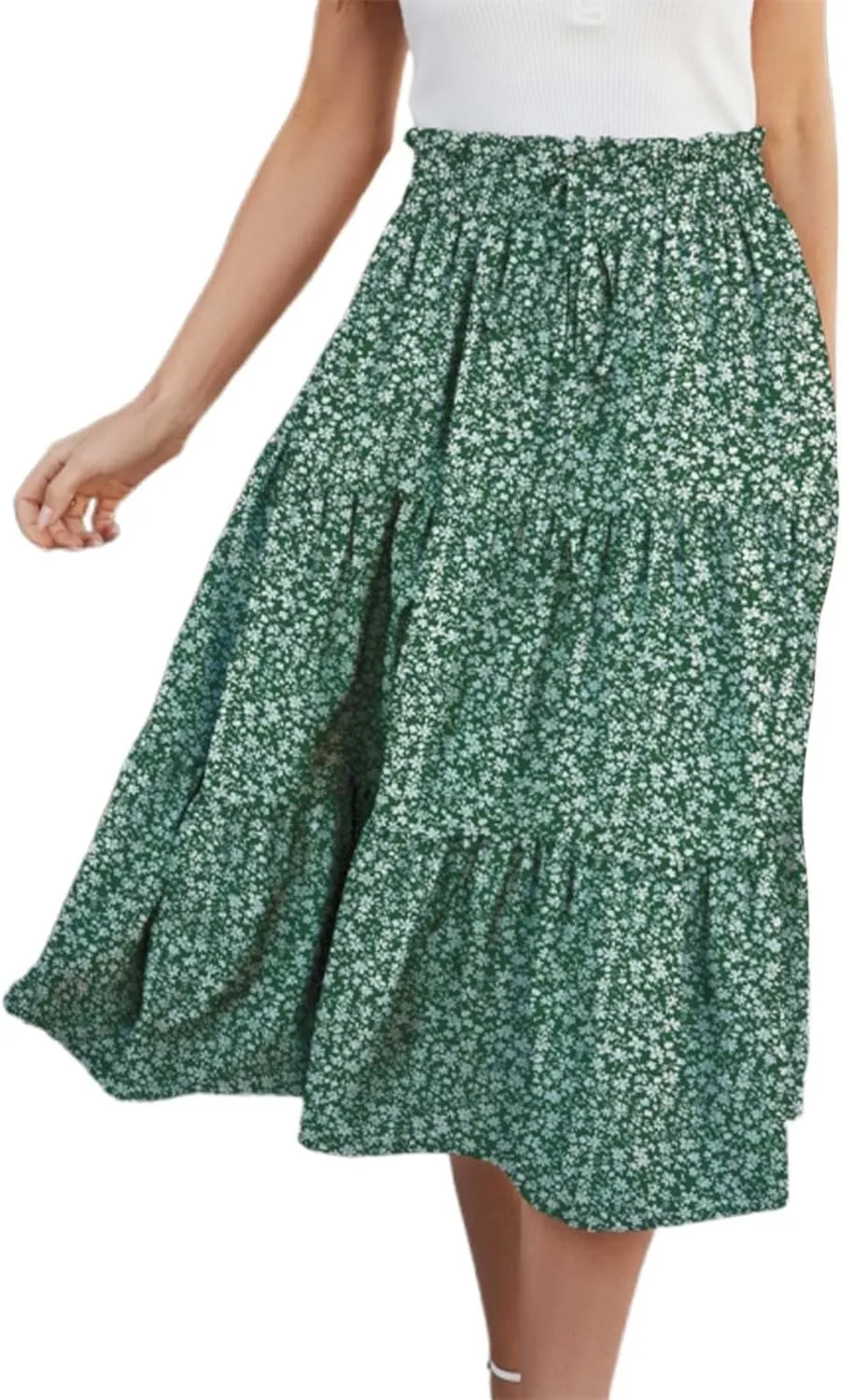 Women Floral Midi Skirt Boho Flowy Elastic High Waist Long Skirt 2025 Summer Vacation Beach Pleated A-Line Skirts