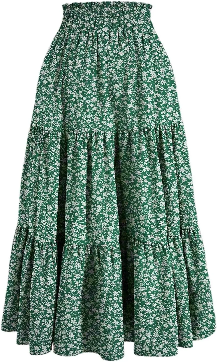 Women Floral Midi Skirt Boho Flowy Elastic High Waist Long Skirt 2025 Summer Vacation Beach Pleated A-Line Skirts