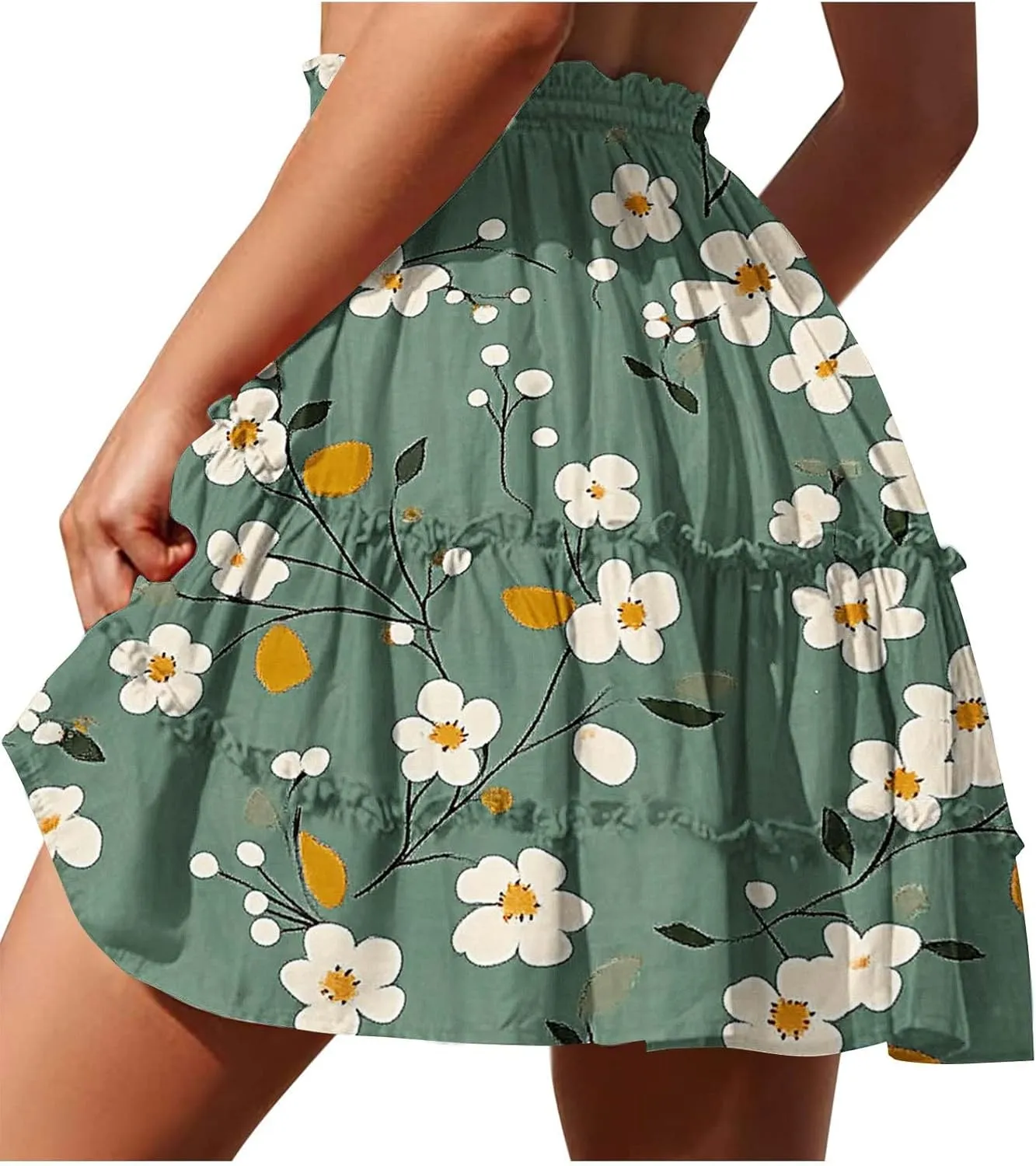 Women Summer Boho Skirts High Waist Casual Flowy Elastic Floral Printed Drawstring Tie-up Mini Skirt with Belt