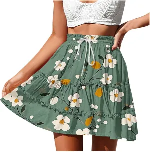 Women Summer Boho Skirts High Waist Casual Flowy Elastic Floral Printed Drawstring Tie-up Mini Skirt with Belt