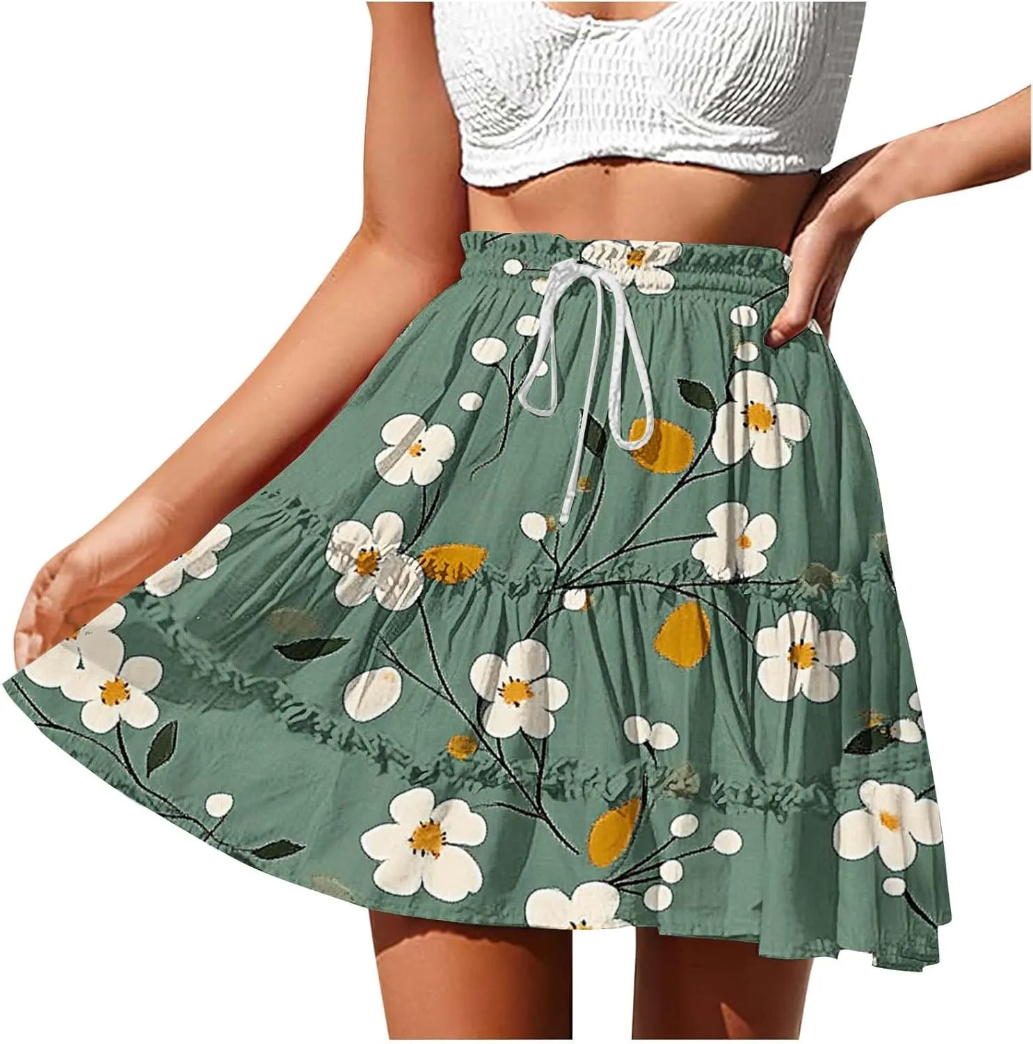 Women Summer Boho Skirts High Waist Casual Flowy Elastic Floral Printed Drawstring Tie-up Mini Skirt with Belt