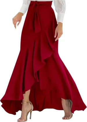 Women's Elegant Plaid Mermaid Maxi Skirt Vintage Tie Waist A Line Irregular Ruffle Hem Wrap Fishtail Long Skirts