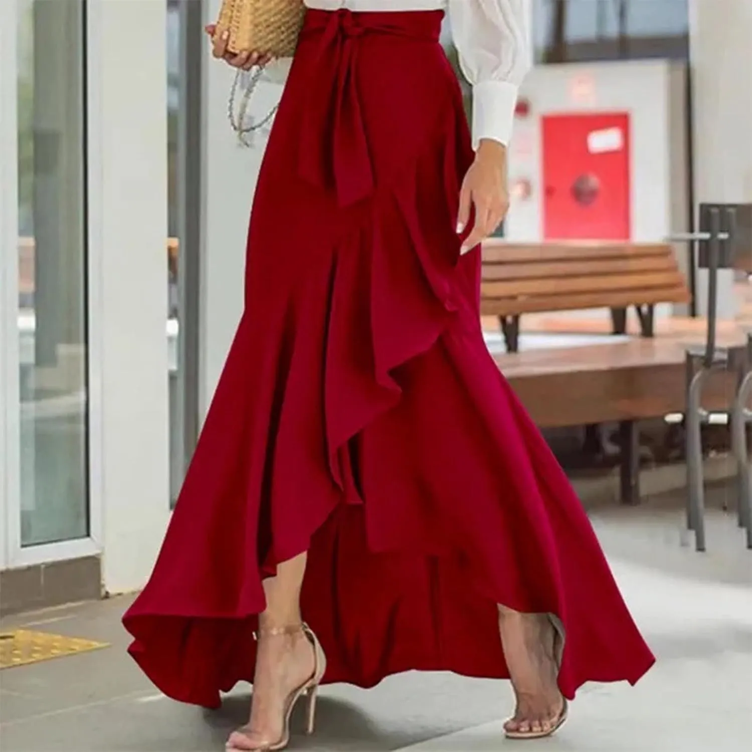 Women's Elegant Plaid Mermaid Maxi Skirt Vintage Tie Waist A Line Irregular Ruffle Hem Wrap Fishtail Long Skirts