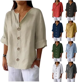 Women's Linen Shirt Button Down V Neck Solid Dressy Blouse 3/4 Sleeves Casual Loose Fit Tunic Tops Summer T Shirts