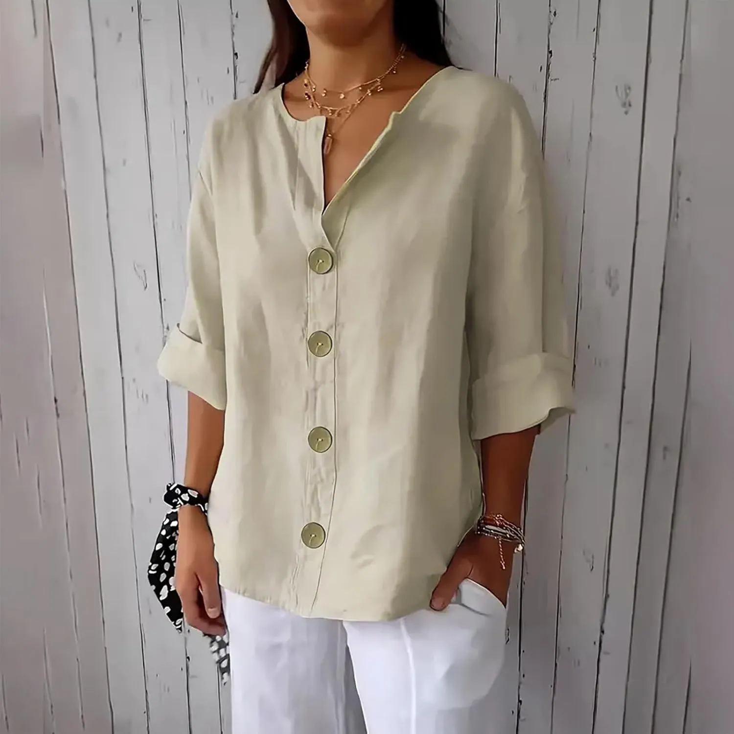 Women's Linen Shirt Button Down V Neck Solid Dressy Blouse 3/4 Sleeves Casual Loose Fit Tunic Tops Summer T Shirts