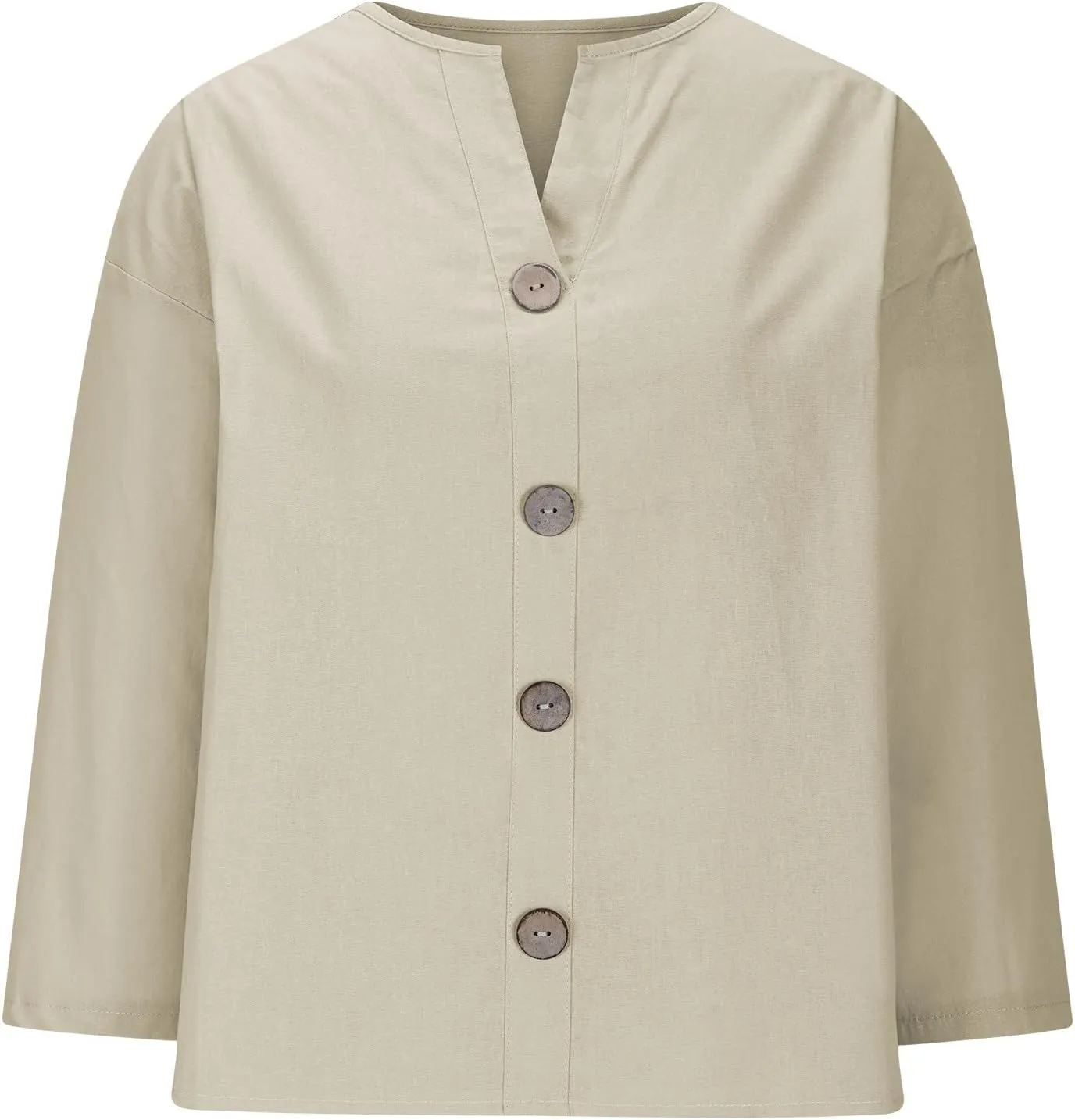 Women's Linen Shirt Button Down V Neck Solid Dressy Blouse 3/4 Sleeves Casual Loose Fit Tunic Tops Summer T Shirts