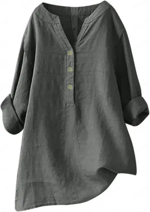 Women's Linen Shirts V-Neck Button Down Blouse Bohemian Beach Tee Shirt Short Sleeve Loose T-Shirts