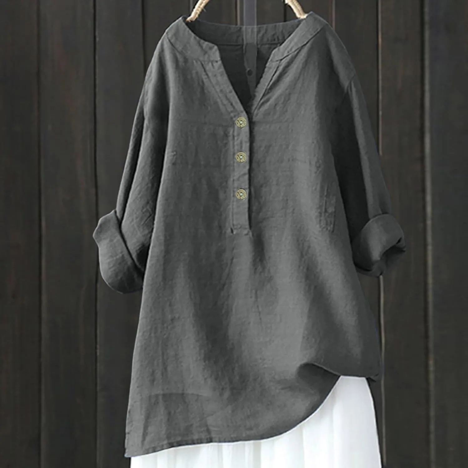Women's Linen Shirts V-Neck Button Down Blouse Bohemian Beach Tee Shirt Short Sleeve Loose T-Shirts