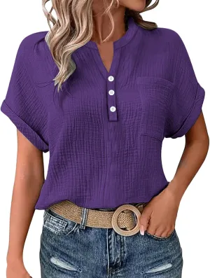 Womens Linen Tops Summer Casual Button Down V Neck Tops Short Sleeve Cotton Blouses Casual Vacation Clothes Outfits
