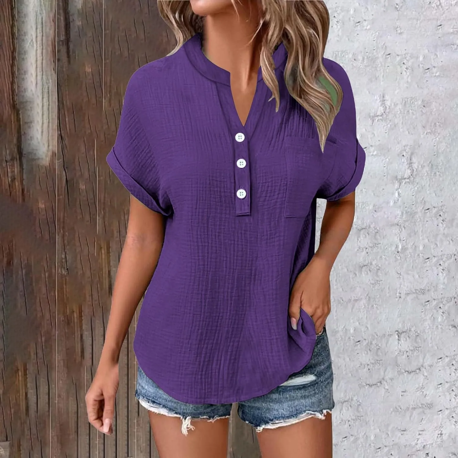 Womens Linen Tops Summer Casual Button Down V Neck Tops Short Sleeve Cotton Blouses Casual Vacation Clothes Outfits