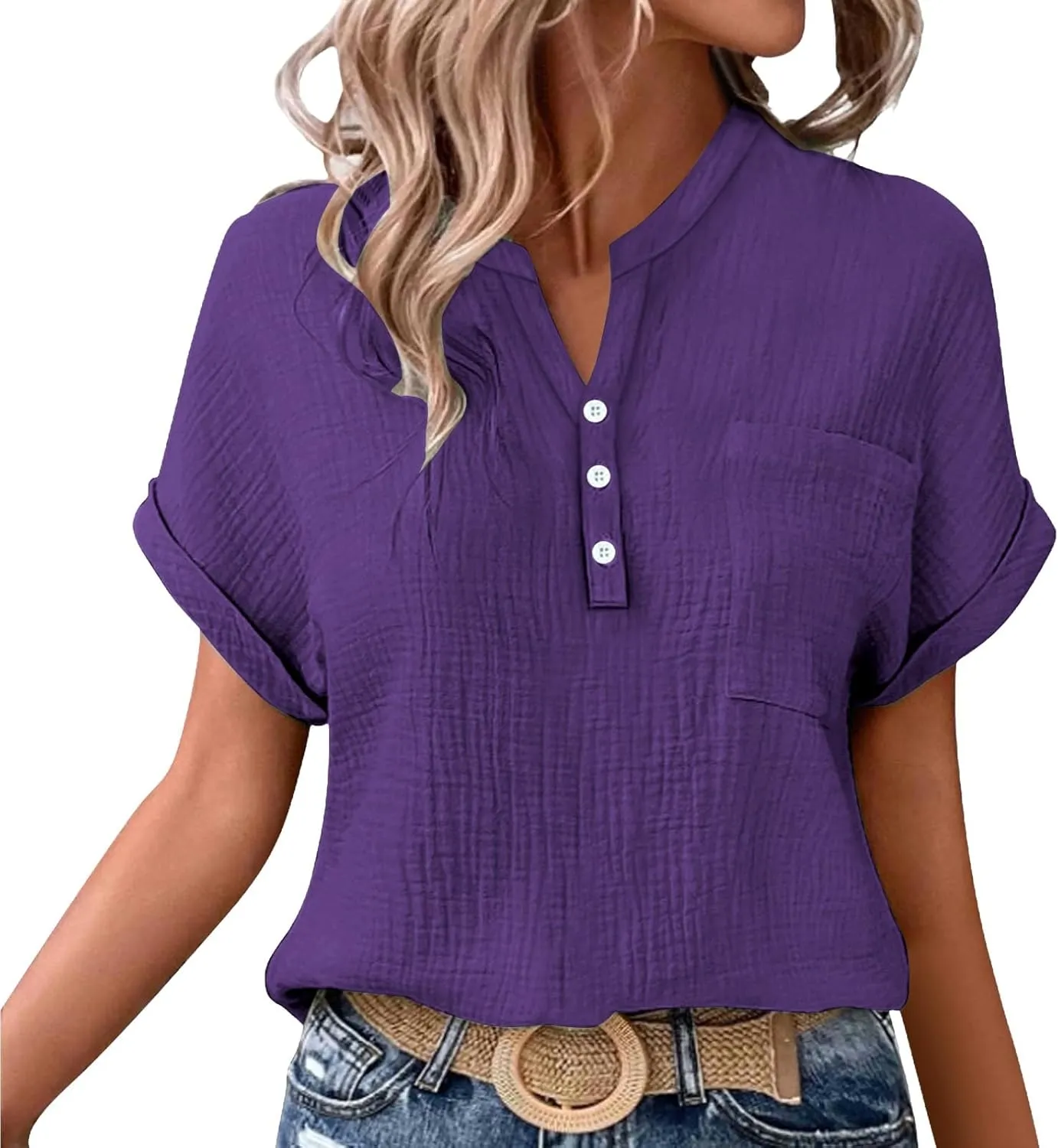 Womens Linen Tops Summer Casual Button Down V Neck Tops Short Sleeve Cotton Blouses Casual Vacation Clothes Outfits
