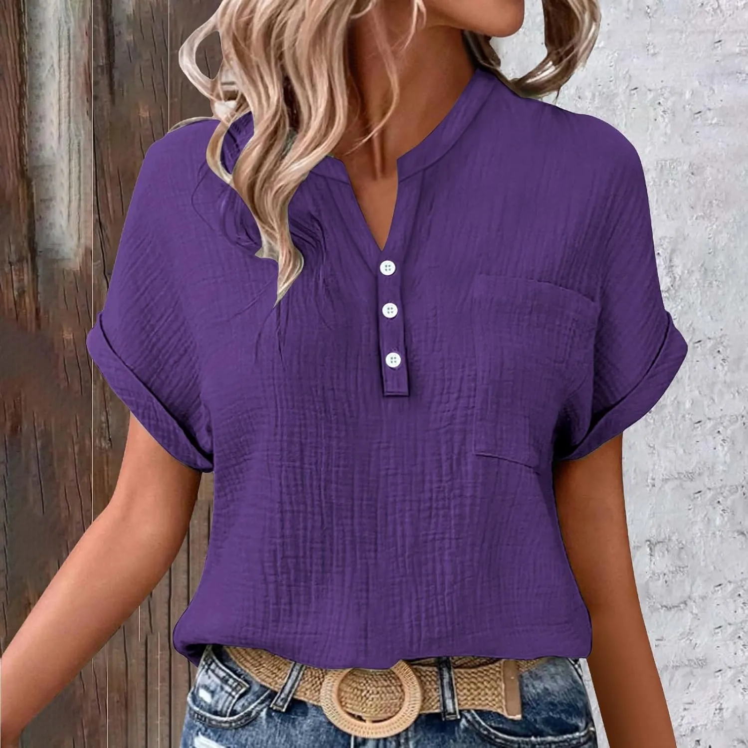 Womens Linen Tops Summer Casual Button Down V Neck Tops Short Sleeve Cotton Blouses Casual Vacation Clothes Outfits