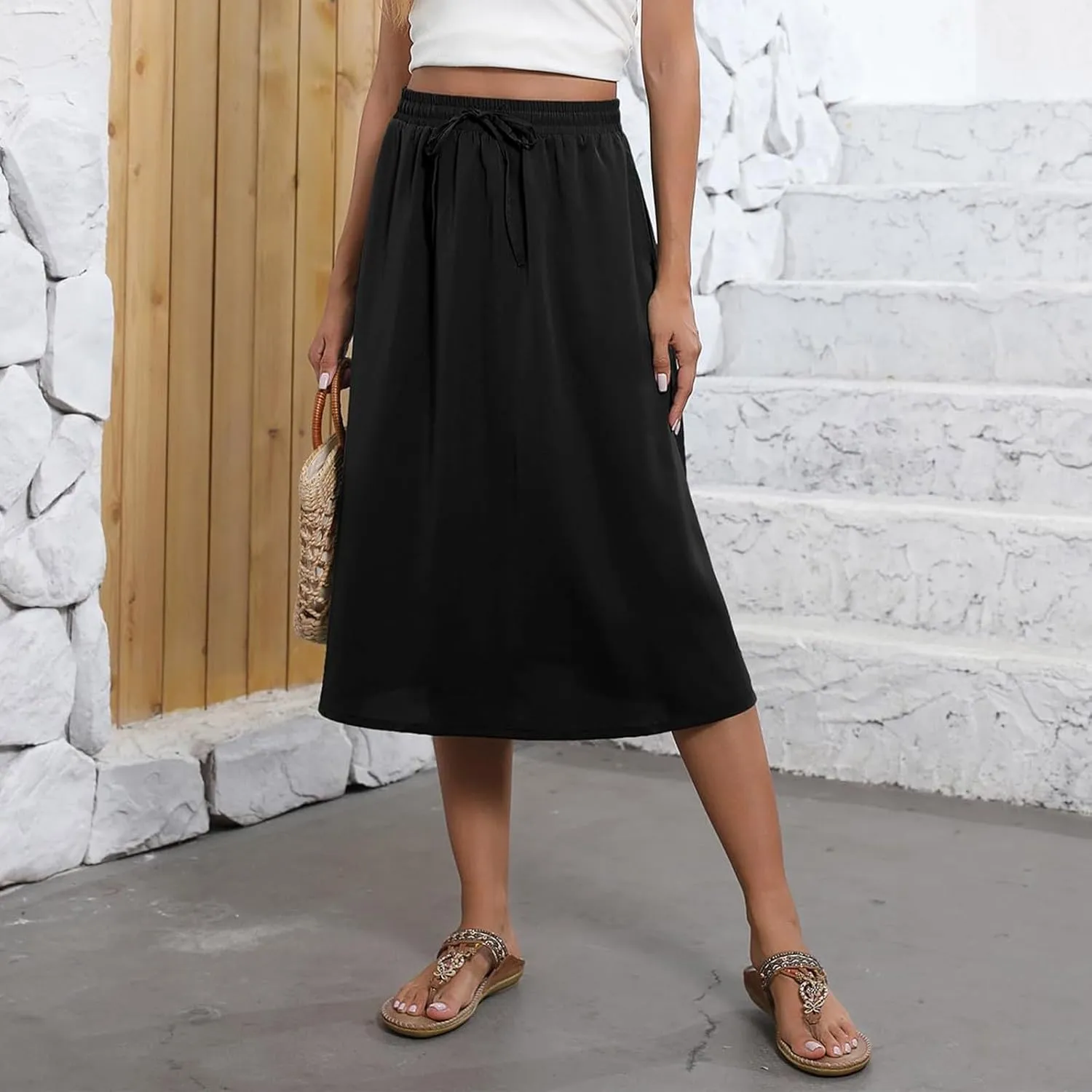 Women's Midi Boho Floral Skirts Trendy A Line Skirt Comfy Flowy Drawstring High Elastic Waist Skorts with Pockets