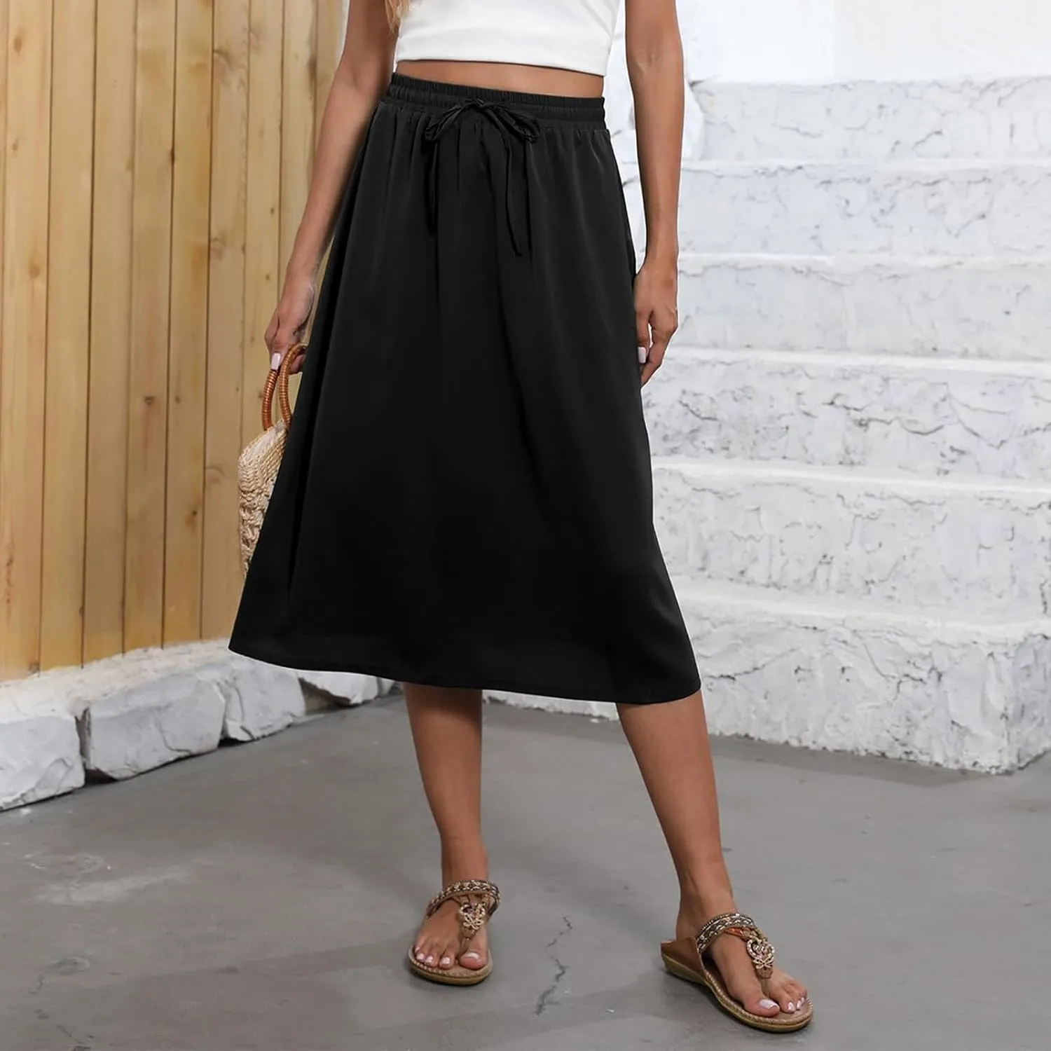 Women's Midi Boho Floral Skirts Trendy A Line Skirt Comfy Flowy Drawstring High Elastic Waist Skorts with Pockets