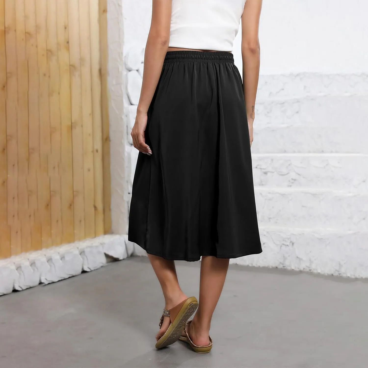 Women's Midi Boho Floral Skirts Trendy A Line Skirt Comfy Flowy Drawstring High Elastic Waist Skorts with Pockets
