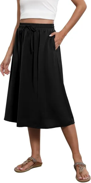 Women's Midi Boho Floral Skirts Trendy A Line Skirt Comfy Flowy Drawstring High Elastic Waist Skorts with Pockets