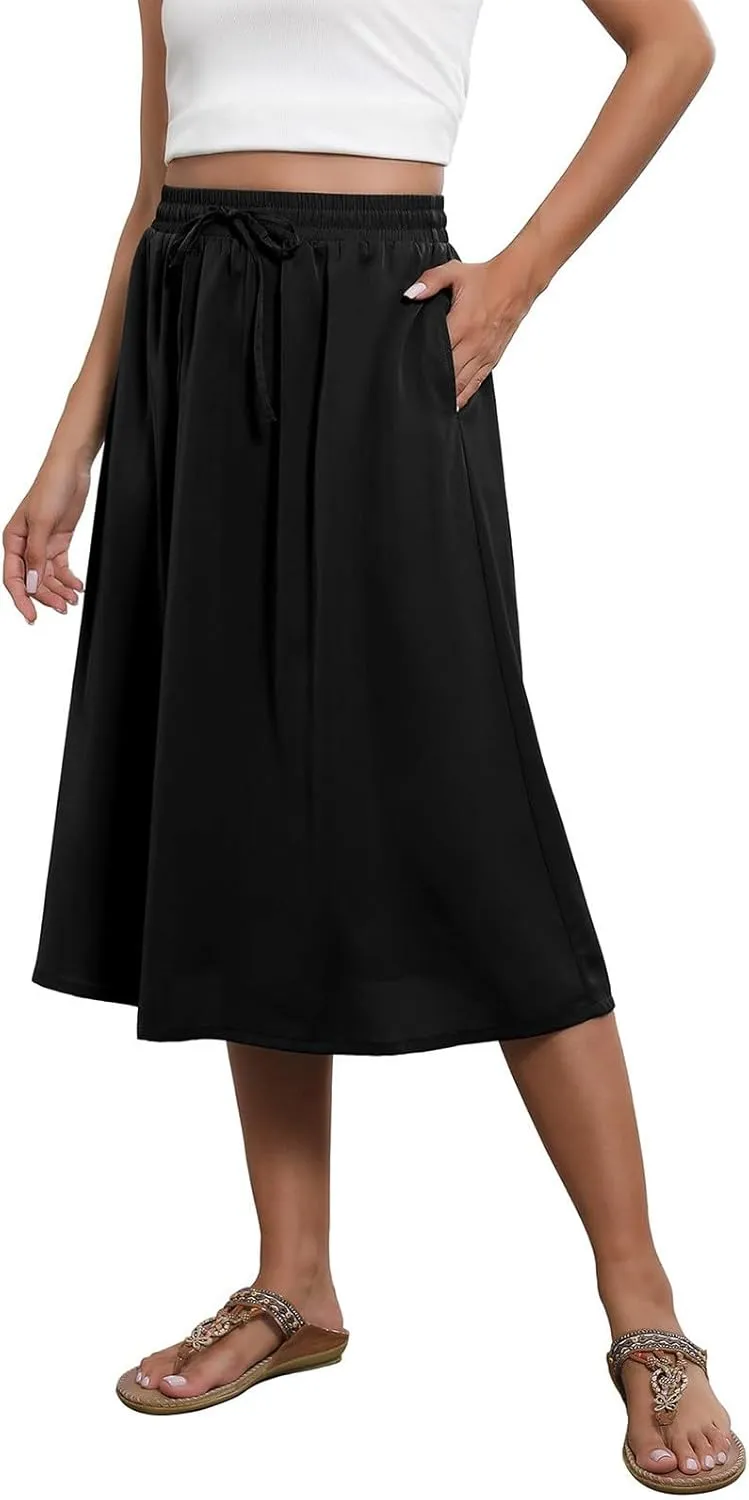 Women's Midi Boho Floral Skirts Trendy A Line Skirt Comfy Flowy Drawstring High Elastic Waist Skorts with Pockets