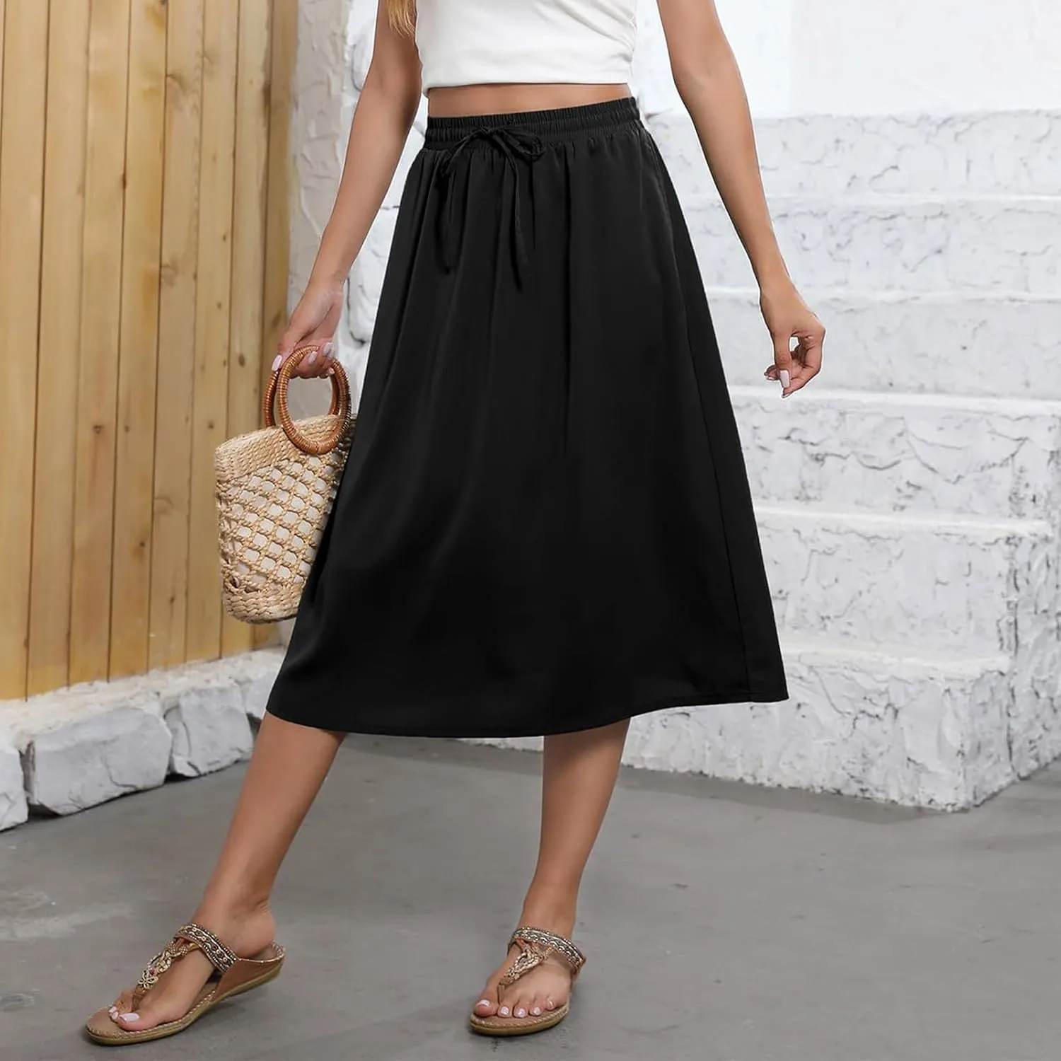 Women's Midi Boho Floral Skirts Trendy A Line Skirt Comfy Flowy Drawstring High Elastic Waist Skorts with Pockets