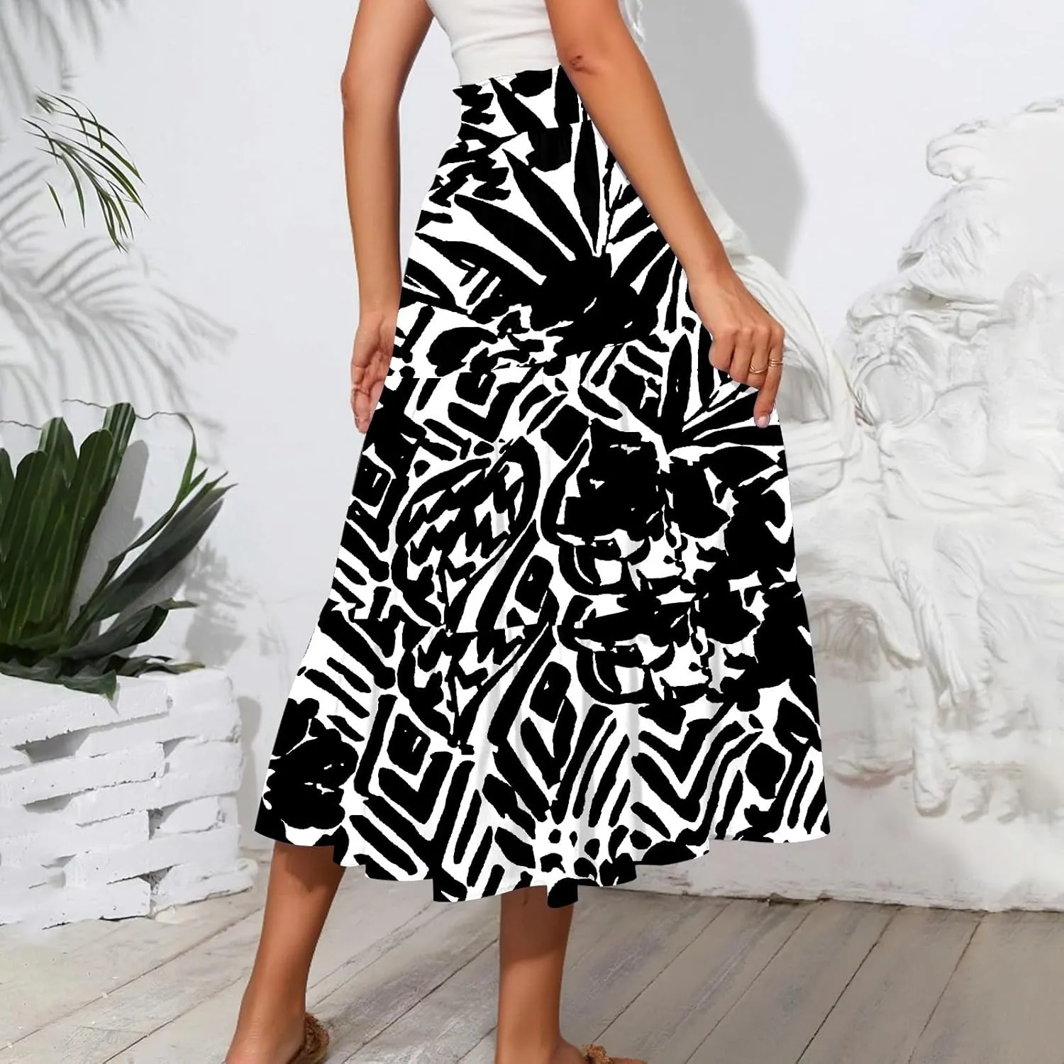 Women's Midi Boho Floral Tiered Skirts Trendy A Line Skirt Drawstring High Elastic Waist Comfy Flowy Skorts with Pockets