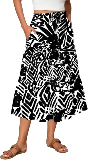 Women's Midi Boho Floral Tiered Skirts Trendy A Line Skirt Drawstring High Elastic Waist Comfy Flowy Skorts with Pockets