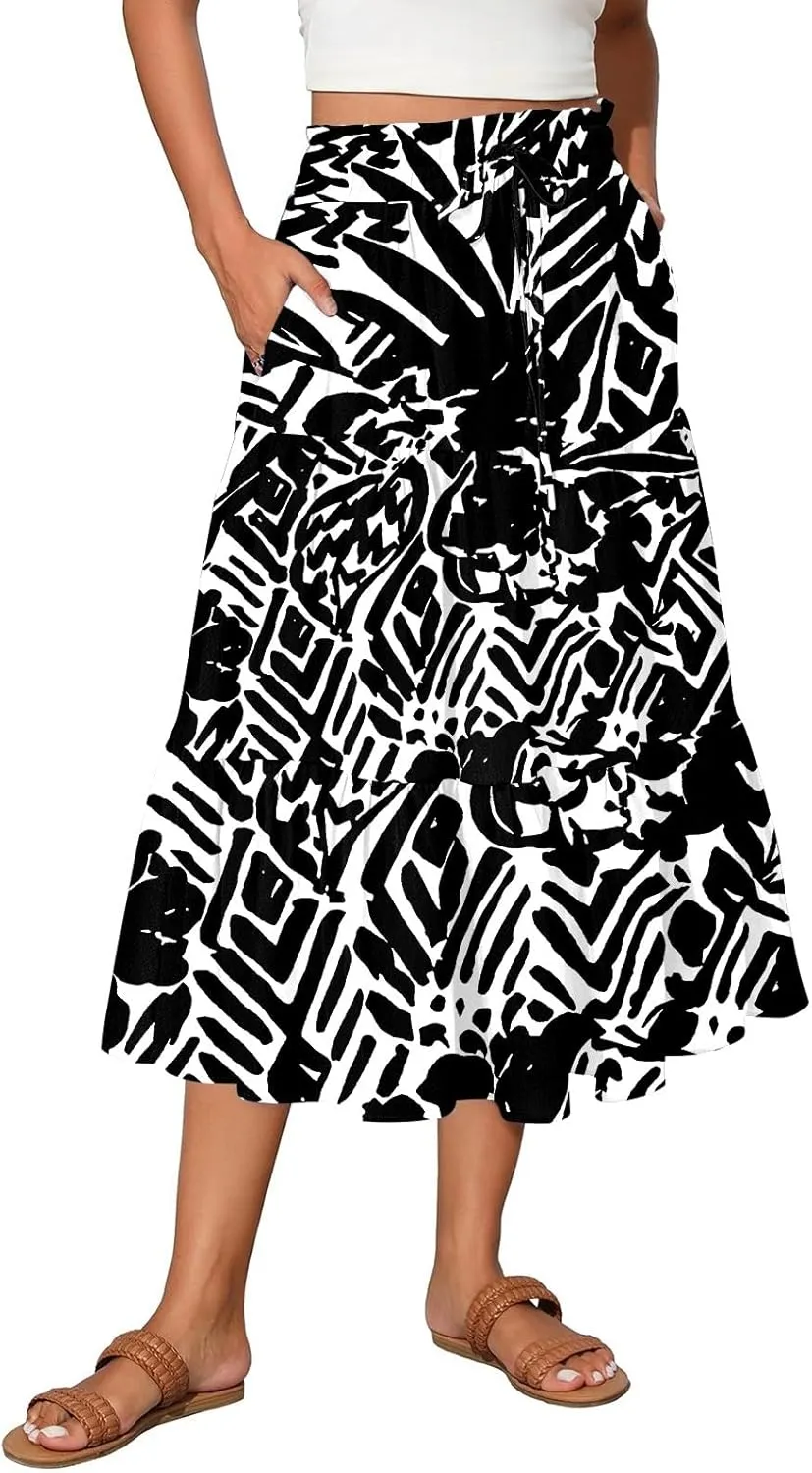 Women's Midi Boho Floral Tiered Skirts Trendy A Line Skirt Drawstring High Elastic Waist Comfy Flowy Skorts with Pockets