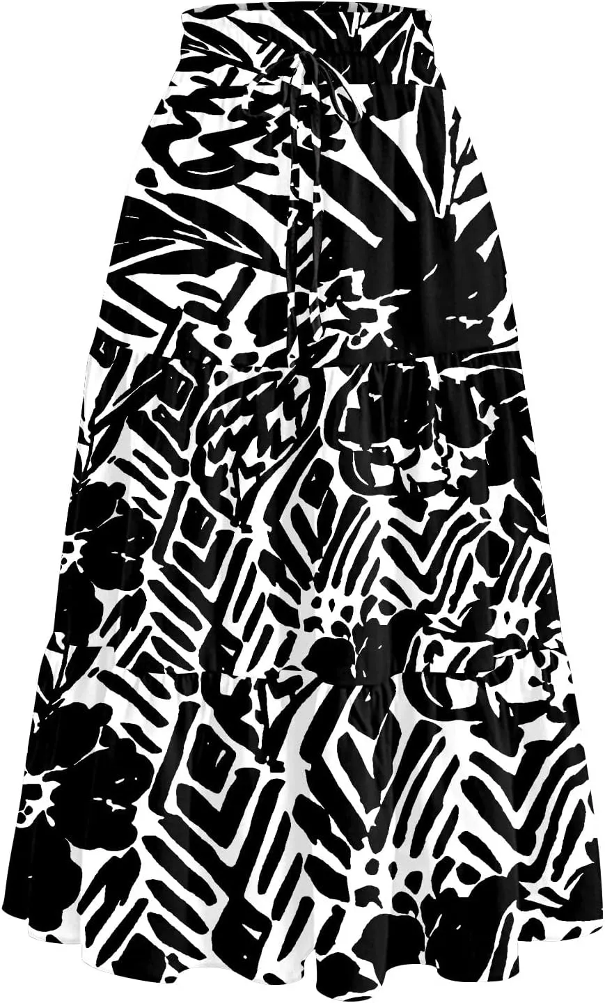 Women's Midi Boho Floral Tiered Skirts Trendy A Line Skirt Drawstring High Elastic Waist Comfy Flowy Skorts with Pockets