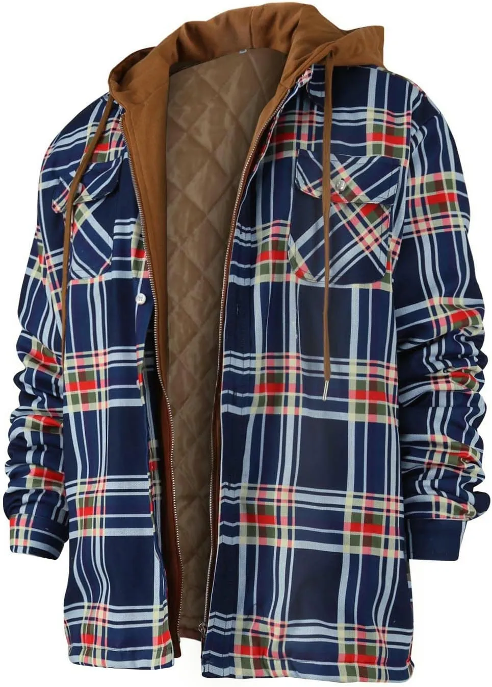 Ymosrh Men's Shirt Jackets Hooded Shirt Jacket Plaid Quilted Lined Long Sleeve Fall Winter Coat Button Shirts, M-5XL